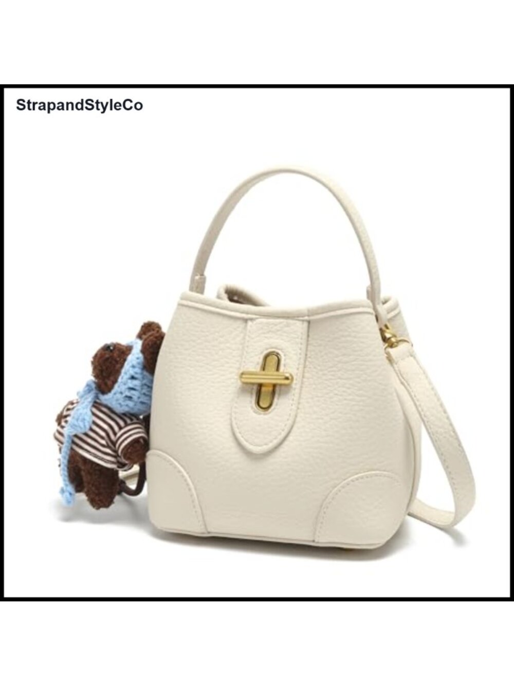 Mini Bucket Crossbody Bag PU Leather Adjustable Strap Bear Charm